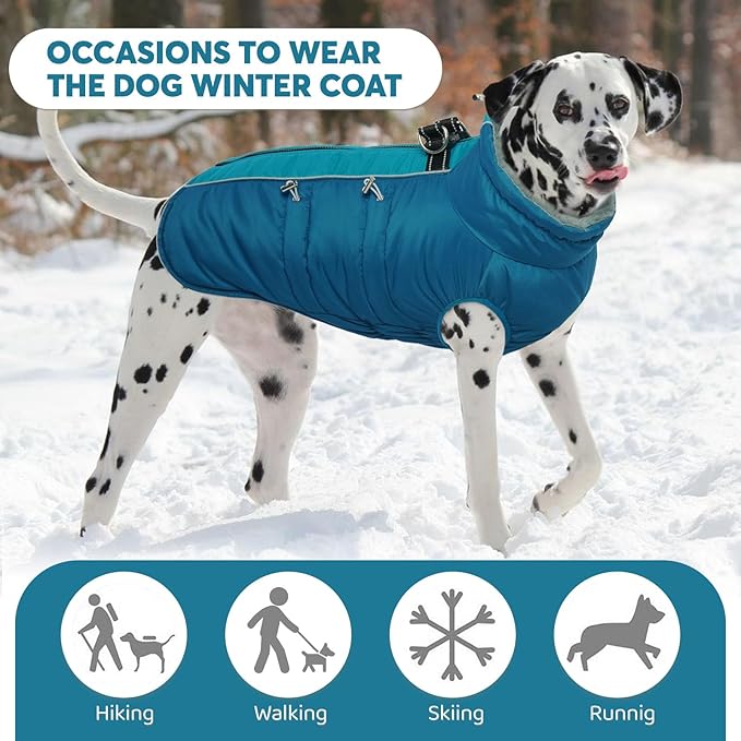 IDOMIK Warm Dog Coat with Harness, Waterproof Reflective Dog Jackets for Small Medium Large Dogs, Fleece High Collar Winter Jacket with Zipper, Pet Winter Snowsuit Clothes for Cold Weather,Blue XL
