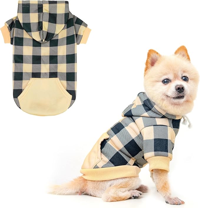 KOOLTAIL Plaid Dog Hoodie Pet Clothes Sweater with Hat and Pocket for Small Medium Large Size Dogs, Soft Winter Warm Dog Cold Weather Coat, Fleece Fall Dog Hooded Sweatshirt for Puppy Cats, Beige M