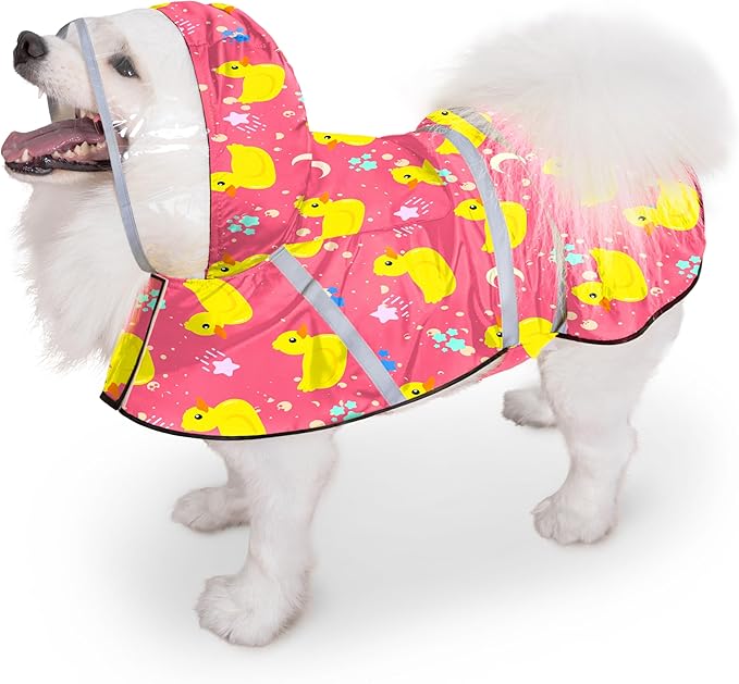 Dog Raincoat, Adjustable Rain Jacket with Hooded Double Layer for Large Medium Small Dogs Puppies, Lightweight Waterproof Rain Coat Poncho with Reflective Stripe Duck Pink,XL