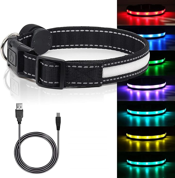 Light Up Dog Collar, Safety LED Dog Collars Rechargeable 7 Colors in One Lighted Dog Collar Glow in The Dark Dog Walking Light, Neon Durable Nylon Adjustable Buckle for Small/Medium/Large Dogs,XS Size