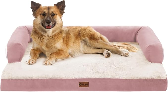 Orthopedic Dog Beds for Large Sized Dogs, Waterproof Egg Crate Foam Large Dog Couch Beds with Comfy Bolster 36x27Inch, Washable Pet Beds with Removable Cover and Nonskid Bottom, Pink
