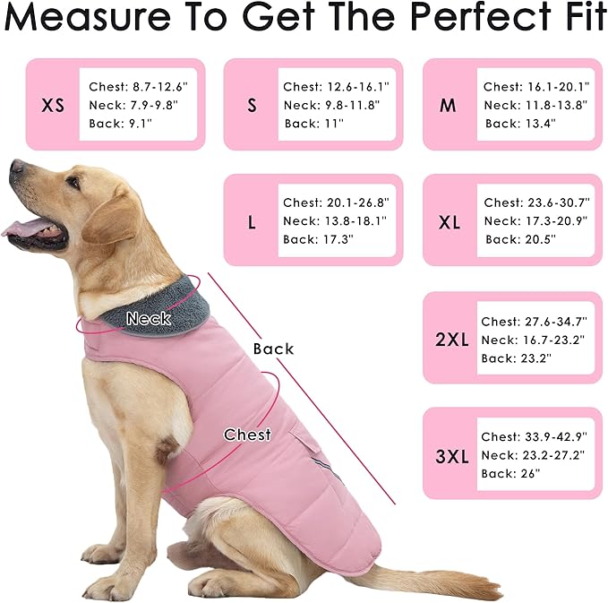 Dog Coat, Waterproof Dog Winter Jacket with Pocket, Reflective Adjustable Pet Snow Vest, Warm Cozy Fleece Sweater for Small Medium Extra Large Dogs - Light Pink, 3XL