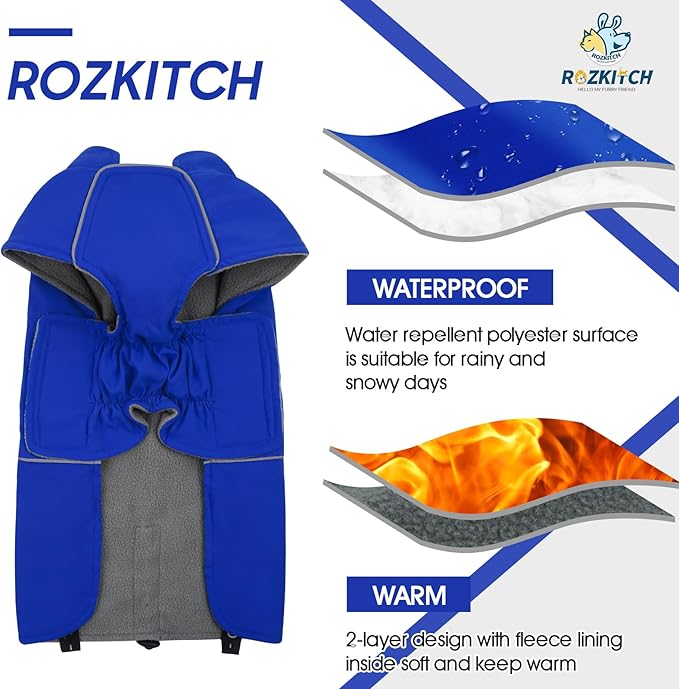 ROZKITCH Raincoat Jacket for Dogs, Waterproof Windproof Dog Rain Jacket with Fleece Liner and Leash Hole Reflective Strip for Medium Large Dog, Adjustable Poncho Vest for Outdoor Hiking Travel Blue L
