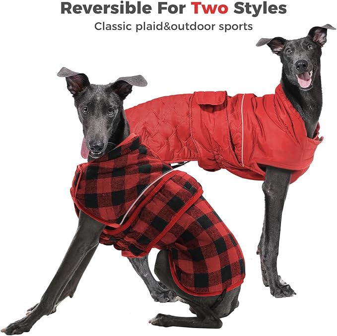 PAWZ Road Dog Winter Coat with 5 Layers Warm Material, Reversible Dog Clothes with 2 Sides, Dog Jacket Outdoor Water Repellent, (Red Plaid 2XL)