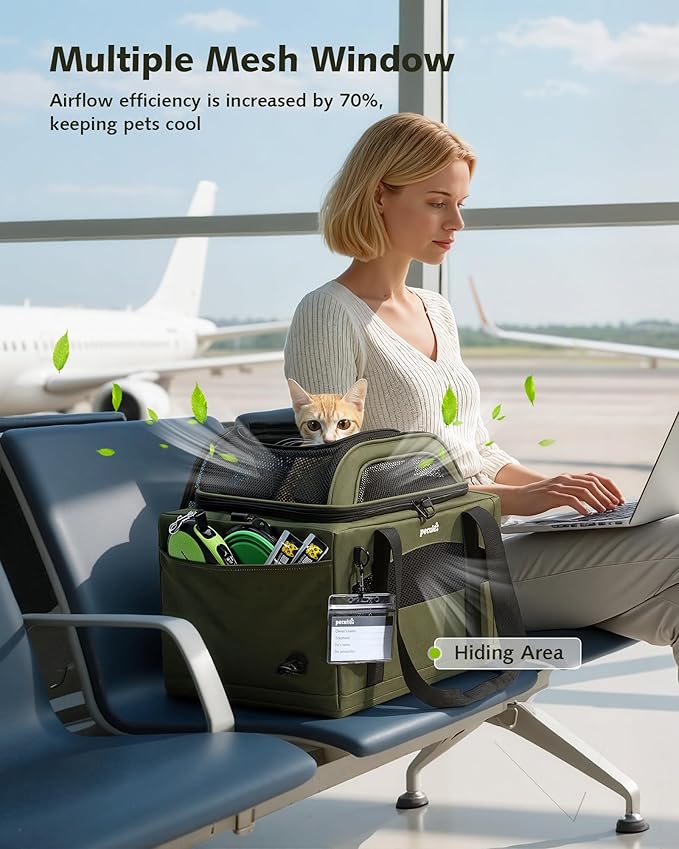Pecute Expandable Pet Carrier Airline Approved Dog Cat Carrier, Breathable Soft-Sided with Locking Zippers, Pet Travel Bag for Small Dog Cat Leakproof Pee Pad (Dark Green)