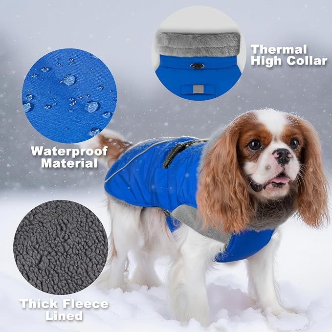 KYEESE Waterproof Dog Coat, Warm Windproof Jacket, Turtleneck Winter Dog Coats for Small Dogs with Leash Hole, Reflective Pet Clothes & Outdoor Apparel, Thick Fleece-Lined Winter Jacket, Blue, Large