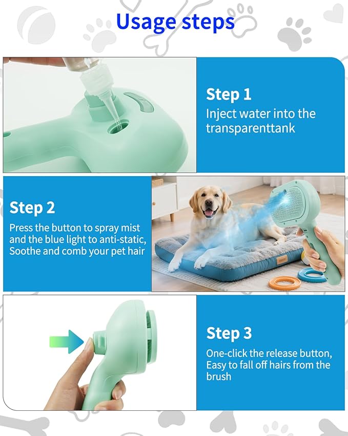 Dog Steam Brush 5 in 1 Cat Brush with Steam and Release Button Grooming Tool for Indoor Pets Cat Hair Removal Shedding Water for Small Animals Long Short Haired(GREEN)