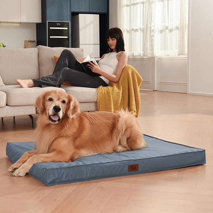 Outdoor Dog Bed for Medium Dogs, Waterproof Dog Crate Mat Orthopedic Egg Crate Foam Pet Bed with Washable Removable Oxford Cover, Blue