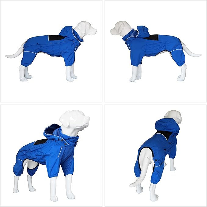 LOVELONGLONG Waterproof Dog Raincoat with Removable Hood – Outdoor Full Body Dog Jacket, Windproof Snowproof Shell Suit – All Season Pet Rain Gear Blue S+