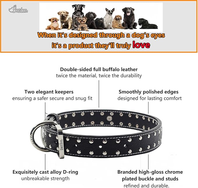 Studded Leather Dog Collar – Durable Adjustable Collar, Black Medium