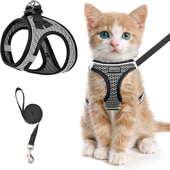 Cat Harness and Leash for Walking Escape Proof, Adjustable Kitten Vest Harness Reflective Soft Mesh Puppy Harness for Outdoor, Comfort Fit, Easy to Control (Gray, XS)