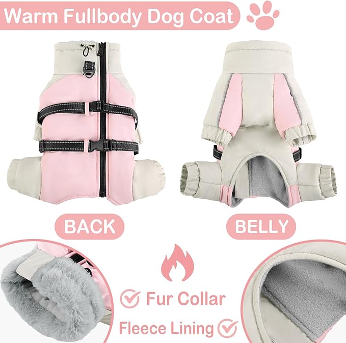 KOESON Four Legged Warm Dog Jacket with Adjustable Buckles, Turtleneck Windproof Fleece Reflective Fullbody Puffer Coat - Pink Grey M