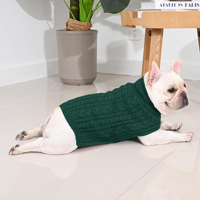 2 Pack Dog Sweaters for Medium Dogs Turtleneck Pullover Cable Knit Stretch Clothes French Bulldog Dachshund Boston Terrier Corgi Beagle Pug Boy Girl Pets Winter Clothes (M, Green & Brown)