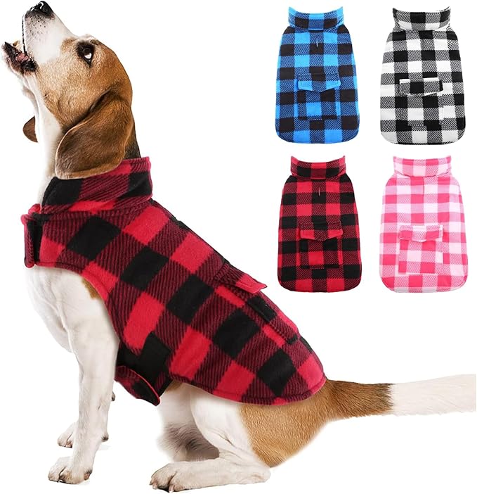 Kuoser Dog Winter Coat, Windproof Dog Fleece Jacket British Style Plaid Cold Weather Doggie Vest Coats, Reversible Cozy Warm Pet Clothes Apparel for Medium Dogs M