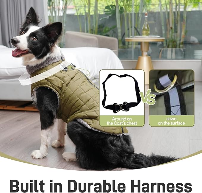 Warm Fleece Dog Coats with Durable Harness Buitl in D-Ring,Waterproof Doggie Jacket for Large Dogs,Dog Vest for Cold Winter,Green XXL
