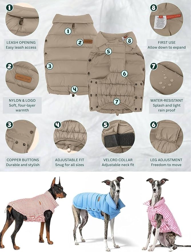 SPACE LION Dog Puffer Jacket, Down Winter Coat, Durable Outdoor Coat for Cold and Windy Conditions, Waterproof, Lightweight Jacket, Adjustable Fit for Small, Medium, Large Dogs(Camel,20/XL)