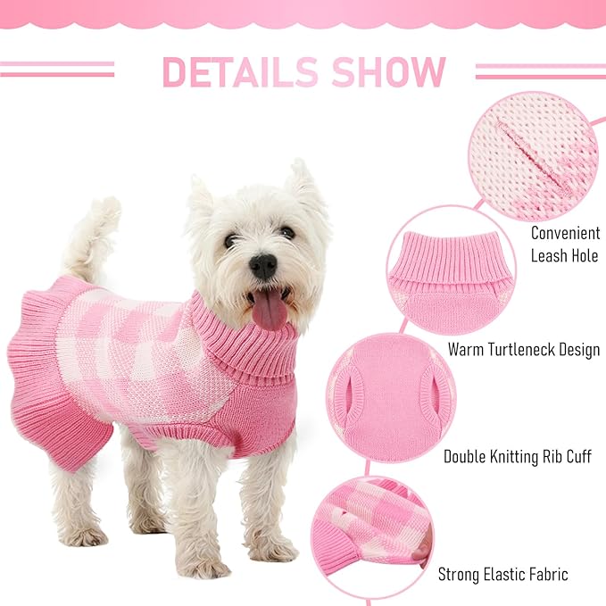 Dog Sweater Dress Plaid Knitwear for Small Medium Dogs Warm Puppy Pet Turtleneck Stretch Pullover Cute Fall Winter Vest Clothes with Leash Hole for Christmas (Pink, XS)