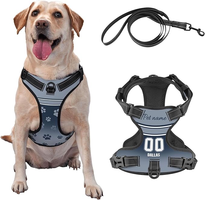 Custom Football Dog Harness with Reflective Stripes Personalized Name and Number Dog Vest Harness with Pet Traction Rope for Small Medium Large Dog