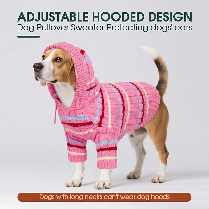 Kuoser XL Dog Sweater, Dog Sweaters for Large Dogs, Girl Boy Christmas Sweater, Striped Knitwear Big Dogs Winter Clothes, Cold Weather Warm Pet Sweatshirt for Golden Retriever, Labrador, Pink XL