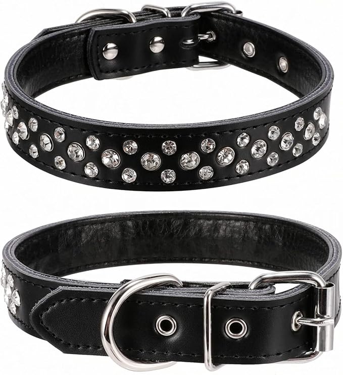 Rhinestones Dog Collar, Adjustable Sparkly Crystal Studded Genuine Leather Pet Dog Collar for Small and Medium Dogs (L, Black)