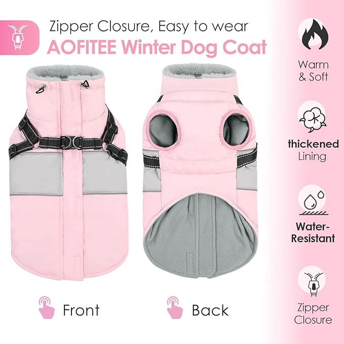 AOFITEE Dog Coat, Large Dog Jacket, Dogs Coat with Harness Built in, Reflective Waterproof Dogs Jackets Winter with Furry Collar, Warm Polar Fleece Pet Sweater Snowsuit for Doberman, Great Dane, XXL