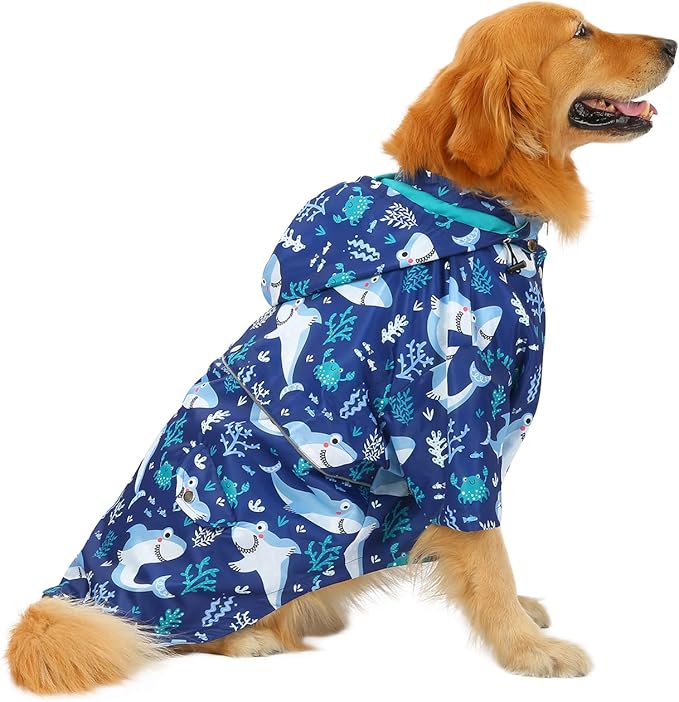 HDE Dog Raincoat Poncho Double Layer Zip Rain Jacket with Removable Hood, Leash Hole for Small to 3XL Dogs and Puppies Sharks - XL