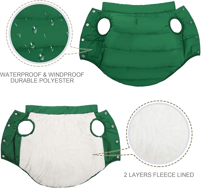 ASENKU Dog Winter Coat - Waterproof Windproof Dog Jacket, Warm Snowproof Doggie Puffer Vest for Cold Weather, Lightweight Snow Coats for Small Medium Large Dogs (XS, Green)