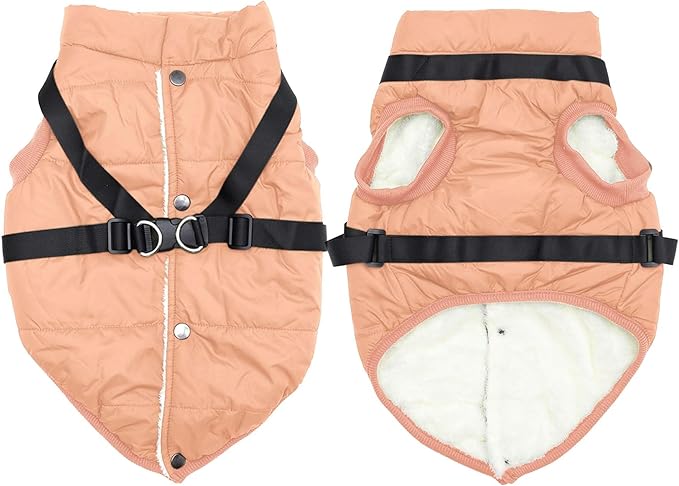 Dog Jacket with Harness,Fleece Lined Warm Puppy Coat for Winter,Soft Windproof Large Dog Vest,LightOrange XXXL