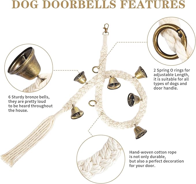 Dog Bell for Door Potty Training, Cotton Handwoven Dog Doorbell with 6 Extra Loud Bells for Dog Training, Adjustable Hanging Door Bell for Small Medium Large Dogs to Ring to Go Outside, Beige