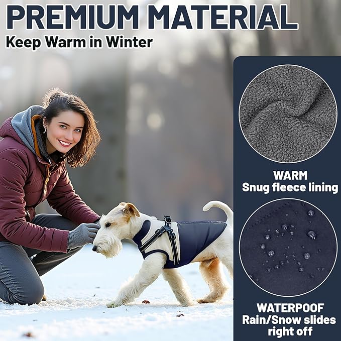 Dog Winter Coat for Small & Medium Dogs (Up to 31lb), Waterproof Dog Coat with Harness, Puppies Windproof Puppy Puffer Jacket, Snowsuit for Dachshund,Frenchie, Corgi (Classic Blue, Medium)