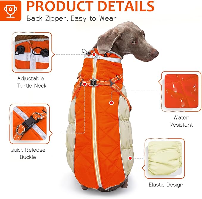 Dog Winter Coat with Harness, Dog Jacket, Pet Clothes with Zipper on Back, Waterproof Windproof Warm Vest, Reflective Cold Weather Coats, for Small Medium Large Dogs, Thick, Orange, XL