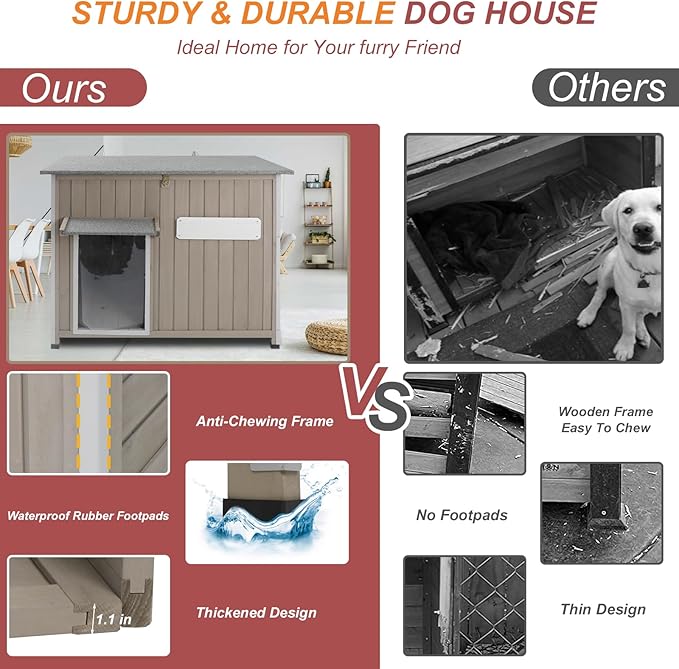 Outdoor Dog House Weatherproof, Wooden Puppy Shelter with Anti-Chewing Iron Frame and Elevated Floor, Sturdy Dog Kennel for Small, Medium & Large Dogs (Gray, 40" L x 26" W x 31" H)