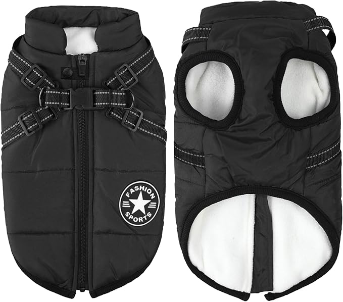 Aiboria Dog Coat for Winter Waterproof Dogs Jackets Windproof Fleece Small Dog Vest Harness Winter Padded Pet Black XL