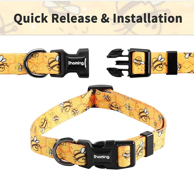 Ihoming Dog Collar and Leash Set for Daily Outdoor Walking Running Training, Bee Design for Small Boys Girls Dogs Cats Pets, S-Up to 20LBS