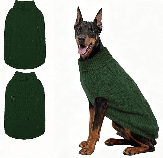 Mihachi Turtleneck Dog Sweater - Winter Coat Apparel Classic Cable Knit Clothes with Leash Hole for Cold Weather, Ideal Gift for Pet in New Year Army Green 3XL