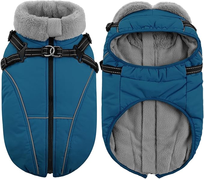 Queenmore Large Dog Jackets,Dog Coats for Extra Large Dogs with Harness Built in,Reflective Waterproof Dogs Jackets with Fleece Lining,Warm Snowsuit Pet Coats for German Shepherd,Blue,XXXL