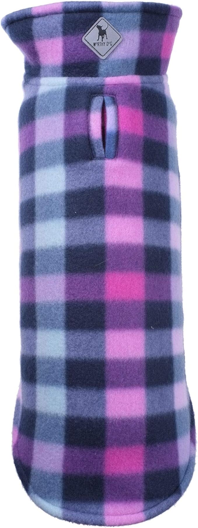 The Worthy Dog Fargo Fleece Check Dog Jacket, Adjustable Reversible with Harness Hole, Wind-Resistant, Winter Outdoor Clothes for Pets, Purple - 20''