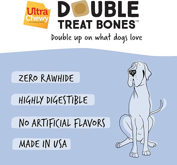 Ultra Chewy Yogurt with Blueberry Double Treat Bones: Long-Lasting Dog Treats Made in USA for Large and Small Breeds, Highly Digestible (12 Count)