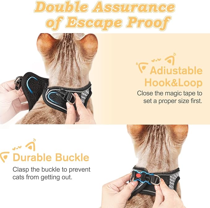 Cat Harness and Leash for Walking Escape Proof, Adjustable Kitten Vest Harness Reflective Soft Mesh Puppy Harness for Outdoor, Comfort Fit, Easy to Control (Gray, S)