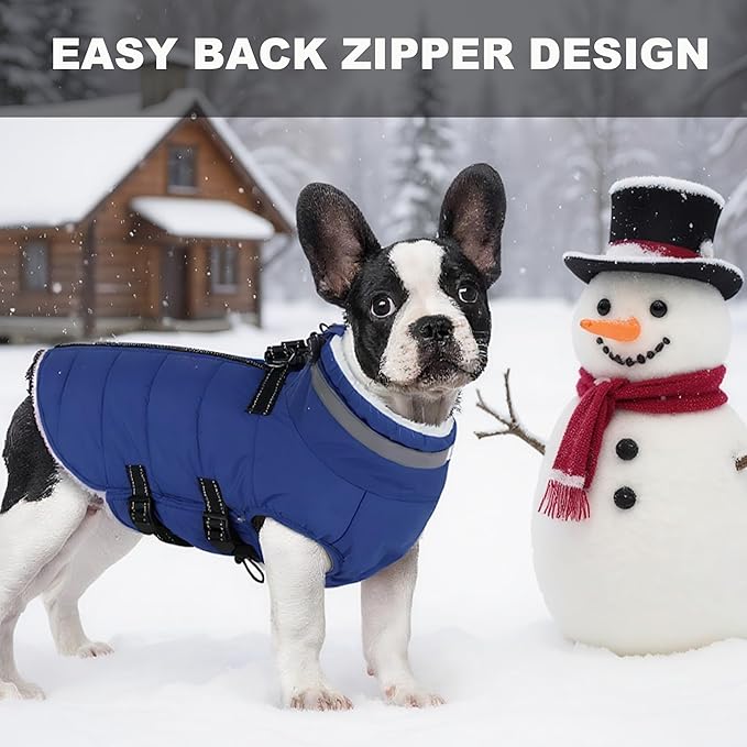 Large Dog Coat with Harness Built-in, Waterproof Reflective Fleece Lined - Warm Windproof Winter Jacket with Back Zipper, Cold Weather Snow Dog Coats - Blue - XL