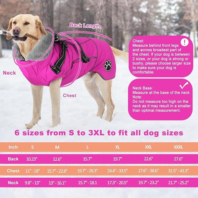 Doglay Dog Coat with Harness, Reflective Warm Dog Jacket Waterproof Puppy Winter Coat for Cold Weather, Adjustable Fleece Jacket for Small Medium Large Dogs