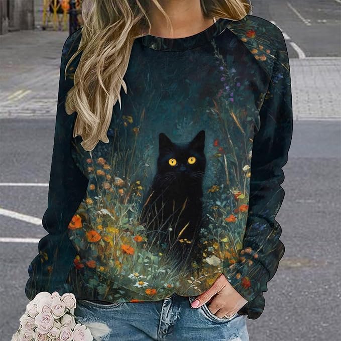 Abstract Cute Cat Shirts for Women Long Sleeve Lady Crewneck Pullover Sweatshirt Fall Winter Oversized Tops