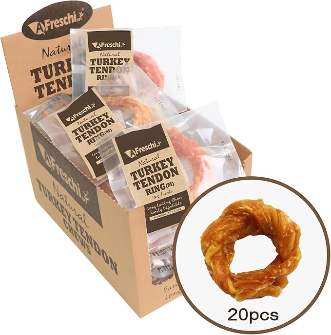 AFreschi Turkey Tendons for Dogs, USA-Sourced, Healthy Dog Treats, Rawhide-Free Puppy Chews, Long Lasting, All Natural, Hypoallergenic Dog Treats for Medium Breeds, 20 Count Box Ring (M)
