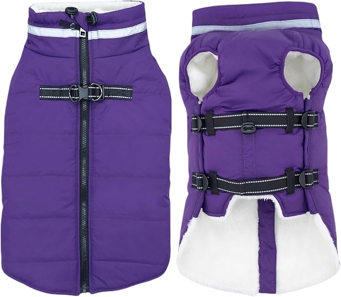 Small Dog Coat with Harness Built-in, Waterproof Reflective Fleece Lined - Warm Windproof Winter Jacket with Back Zipper, Cold Weather Snow Dog Coats - Purple - S