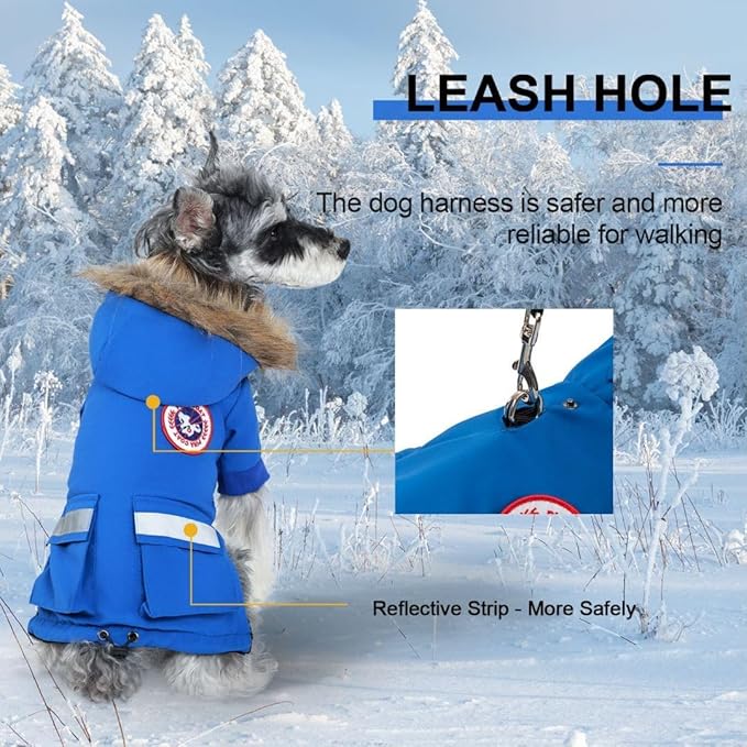PINA Small Dog Coats - Waterproof Winter Jacket with Flannel Lining, Faux Fur Hood & Pocket