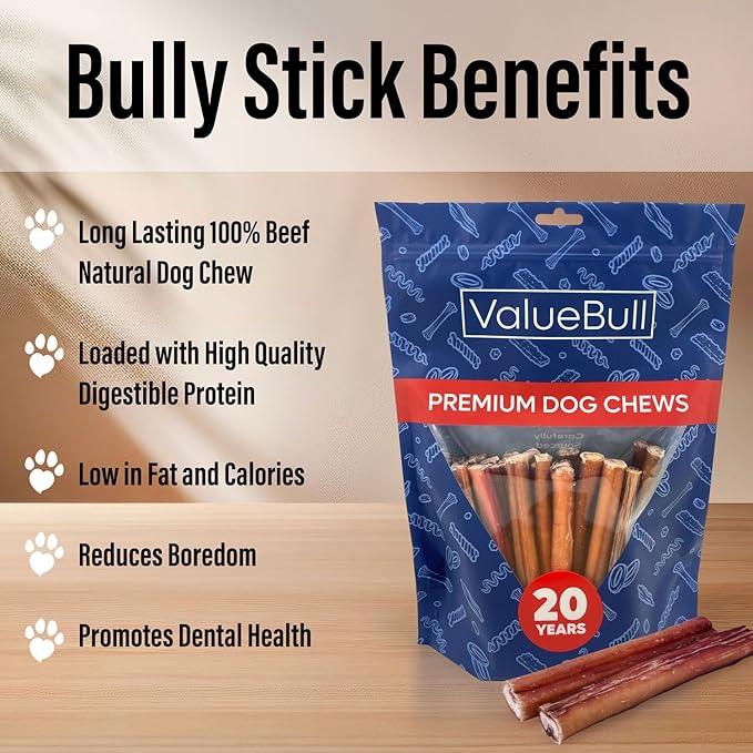 ValueBull Bully Sticks for Small Dogs, Extra Thin 6 Inch, 100 Count Bulk Pack - All Natural, Grass Fed, Single Ingredient, Long Lasting Dog Treats