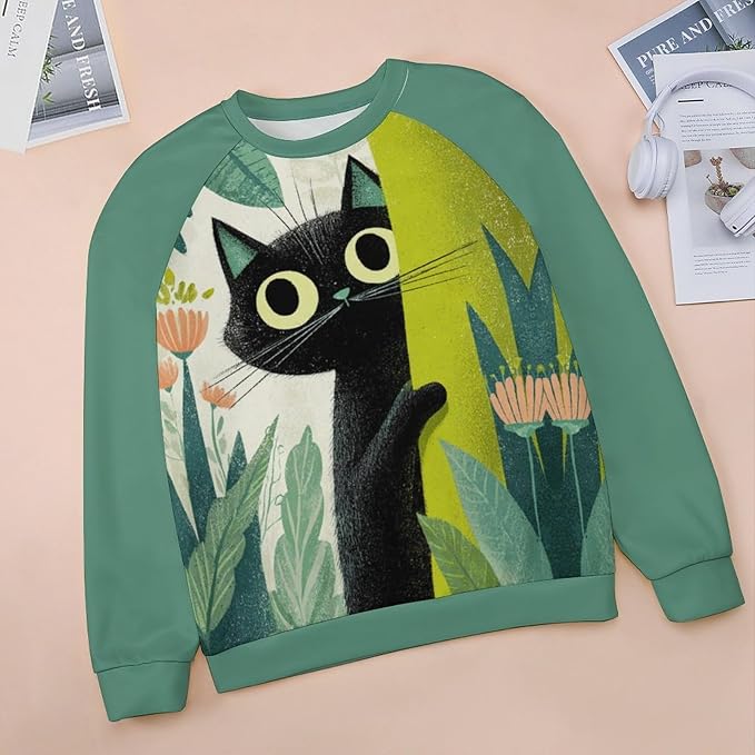 Abstract Cute Cat Shirts for Women Long Sleeve Lady Crewneck Pullover Sweatshirt Fall Winter Oversized Tops