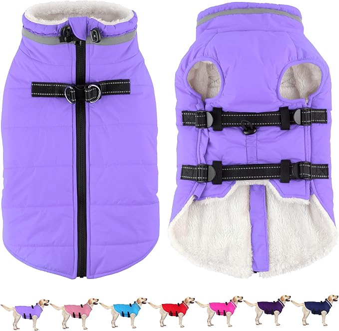 Dogcheer Dog Coat with Harness, Waterproof Dog Jacket Adjustable Winter Coat with Zipper, Christmas Puppy Snow Jacket Fleece Sweater for Small Medium Large Dogs - Taro Purple M
