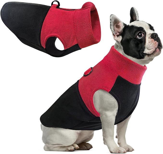Idepet Dog Fleece Vest Sweater Zip Up Warm Pullover Dogs Jacket with D-Ring Leash Winter Cold Weater Coat Pet Sweatershirt Clothes Hoodie for Small Medium Dogs Boy Girl (Red/Black, L)