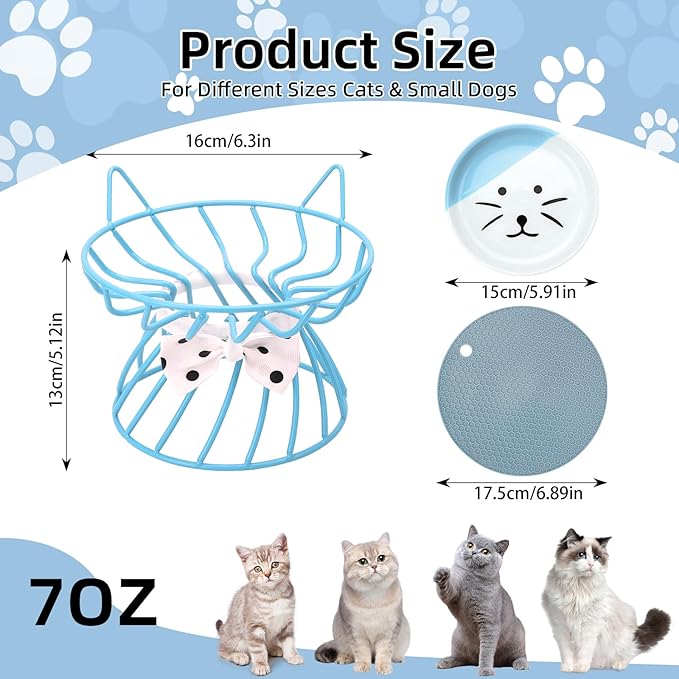 Raised Cat Food Bowl - Elevated Feeder Stand with Shallow Ceramic Dish, Whisker-Friendly No-Spill Water Bowl